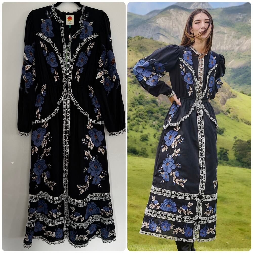 Farm Rio Black Bold Flowers Long Sleeve Midi Dress